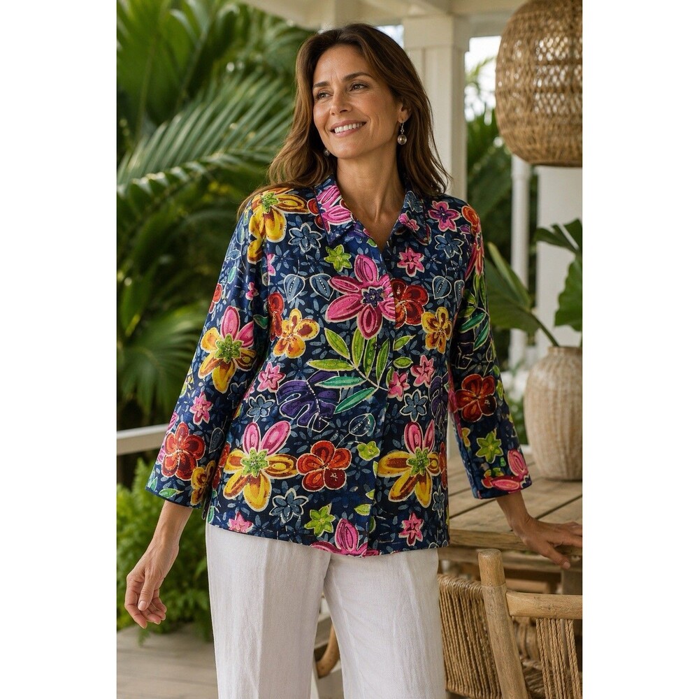 Chico’s Design 100% Silk Slub Floral Beaded Jacket Blue Multicolor Size 1